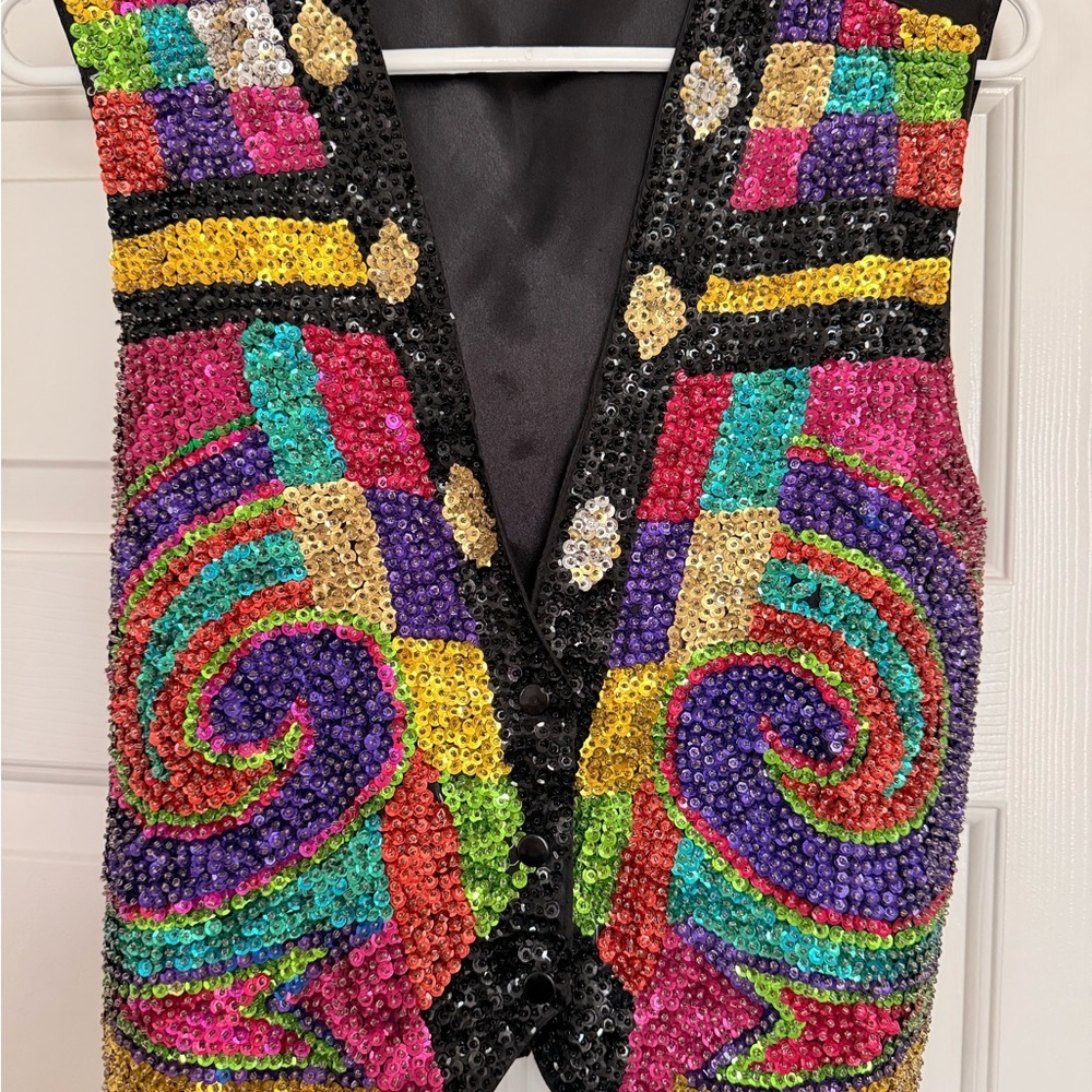 Vintage Beaded Sequin Vest Colorful Psychedelic Festival Statement Top S/M - Picture 2 of 4